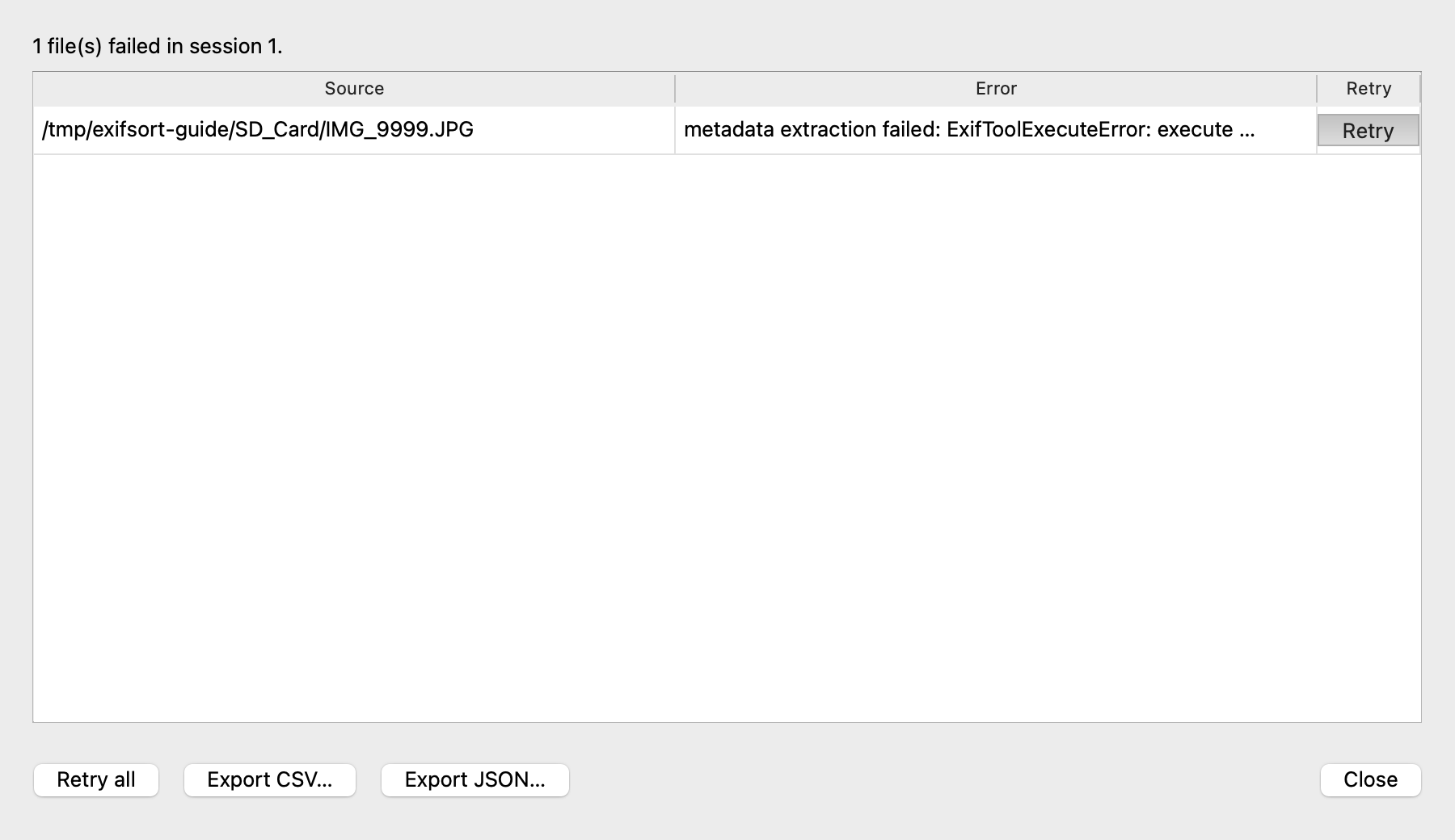 Files that could not be read, with per-file retry
