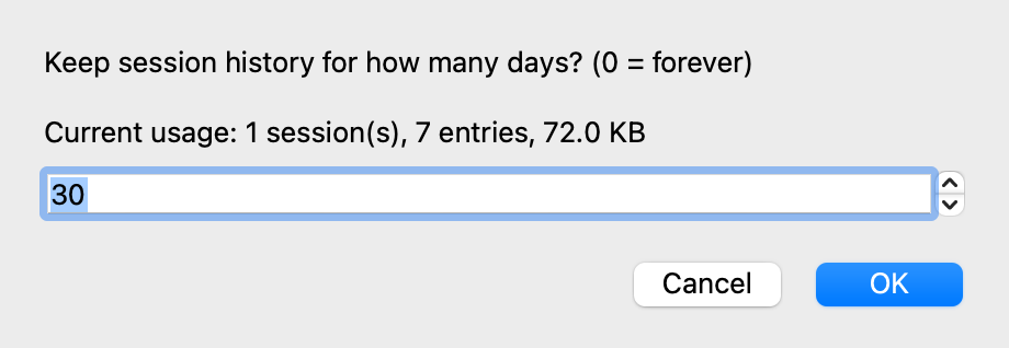 The retention settings dialog