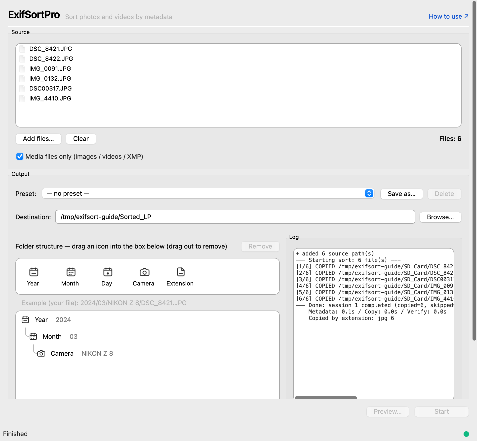 The ExifSortPro main window: the file list on the left, a year / month / camera folder structure in the middle, and the copy log on the right